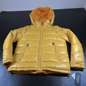 Guess Puffer Jacket Womens Medium Yellow Full Zip Hooded Coat Winter Preppy NEW‎